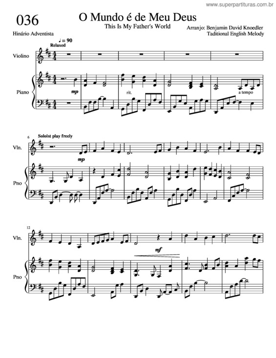 Partitura da música 036 O Mundo É De Meu Deus Violino E Piano