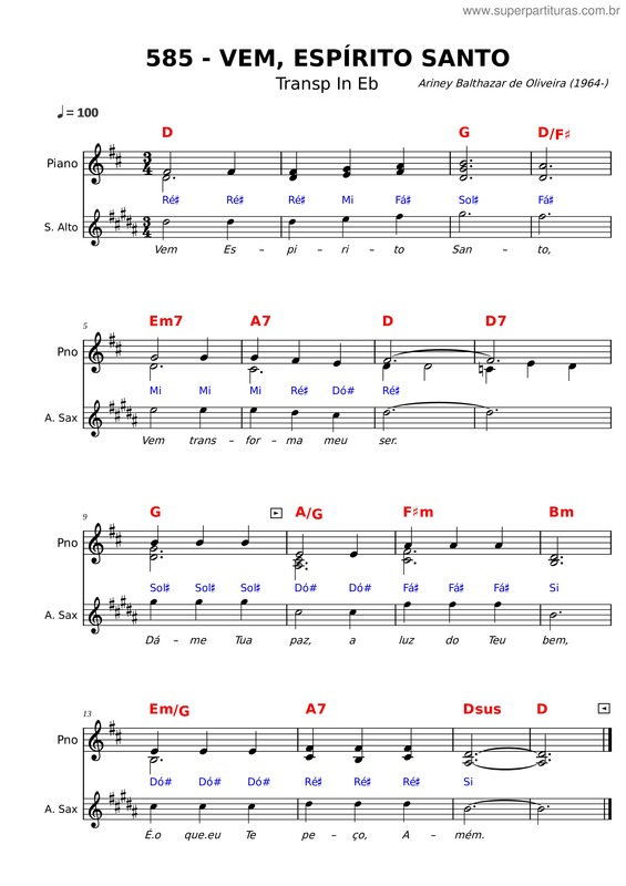 Partitura da música 585 – Vem, Espírito Santo