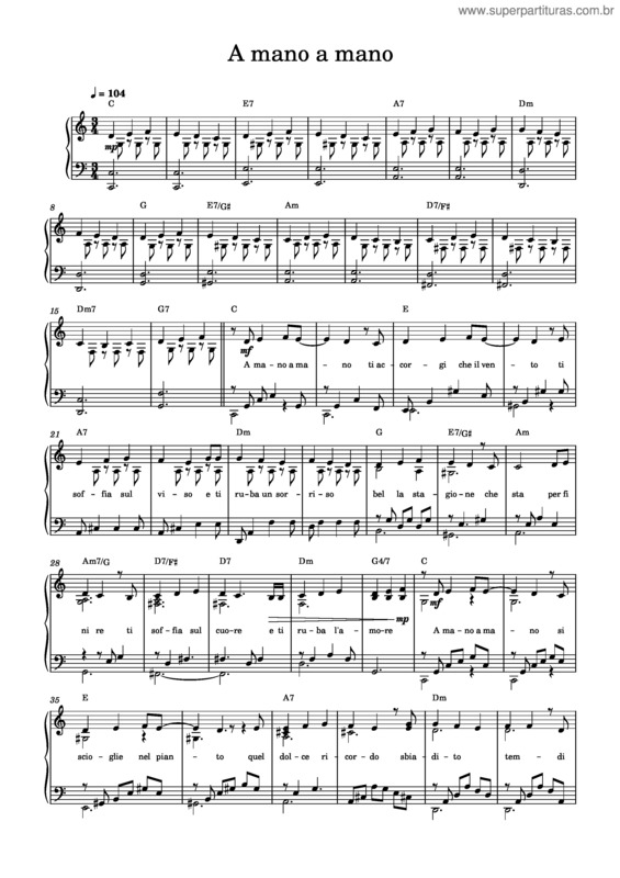 Partitura da música A Mano A Mano