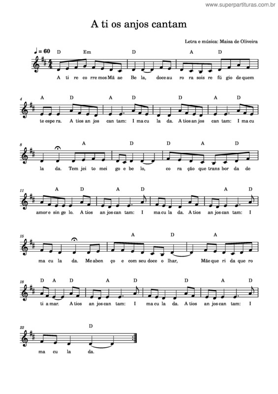 Partitura da música A Ti Os Anjos Cantam Em D