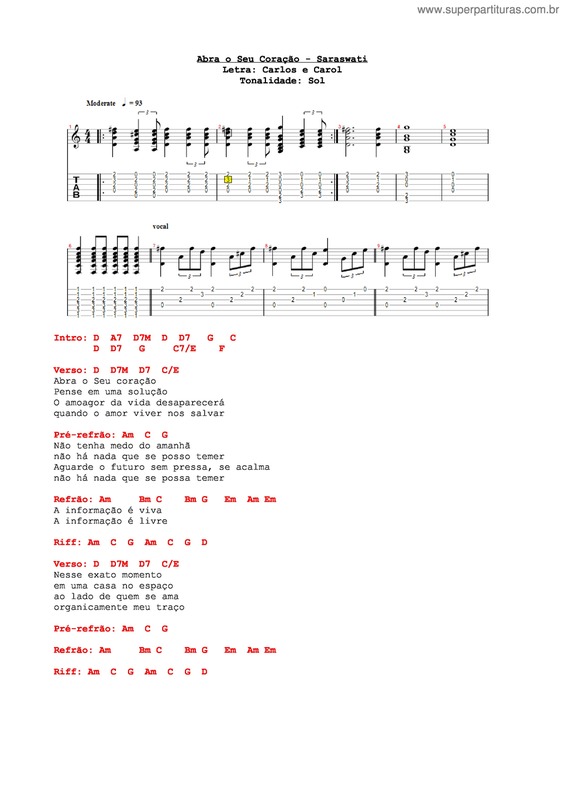 Partitura da música Abra O Seu Coração