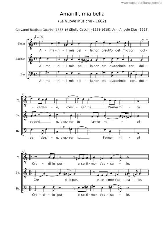 Partitura da música Amarilli, Mia Bella