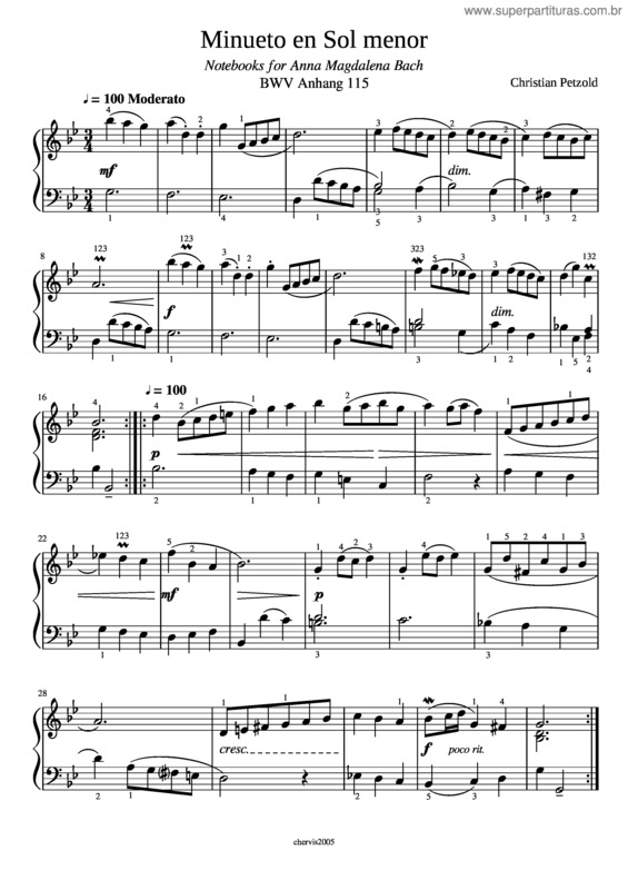 Partitura da música Ana Magdalena Bach