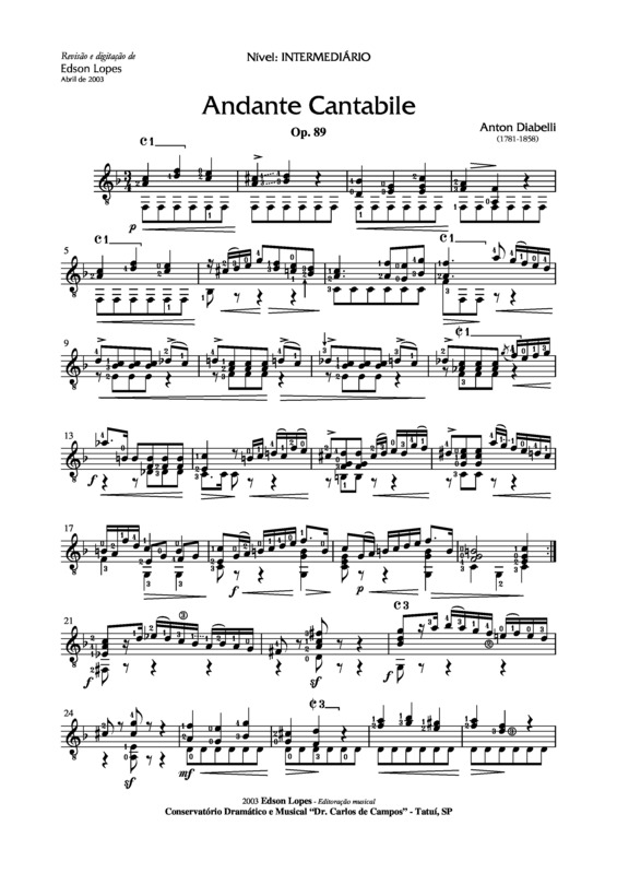 Partitura da música Andante Cantabile (Op. 89)