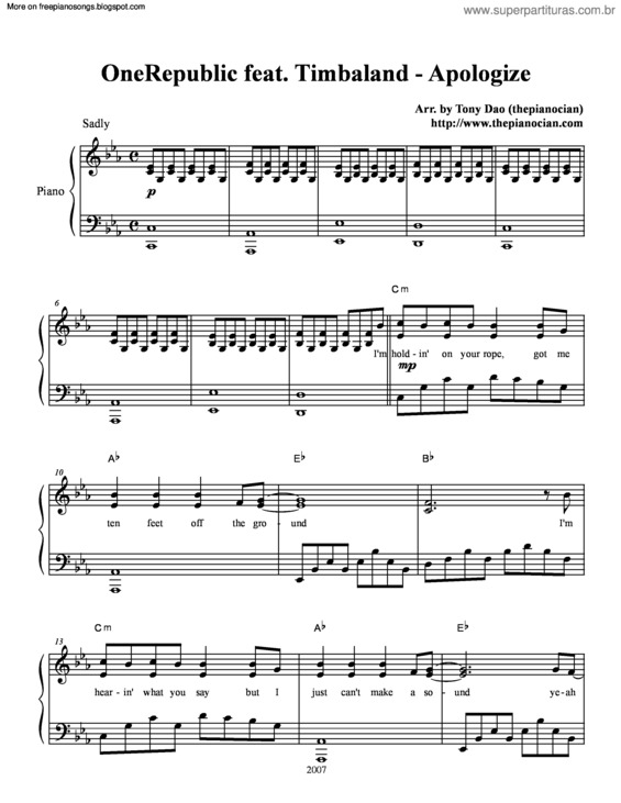 Partitura da música Apologize v.6