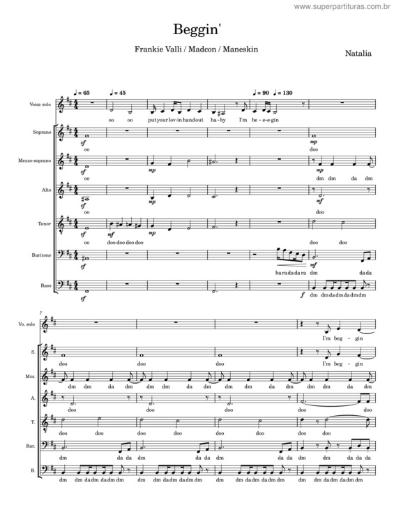 Partitura da música Beggin` – Natalia