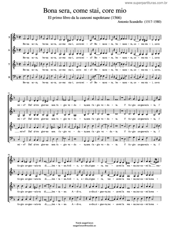 Partitura da música Bona Sera Come Stai Core Mio