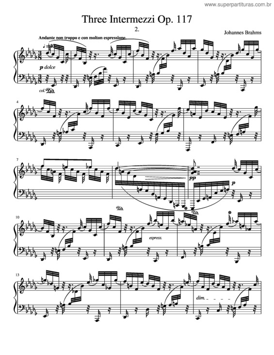 Partitura da música Brahms Three Intermezzi Op.117 No2