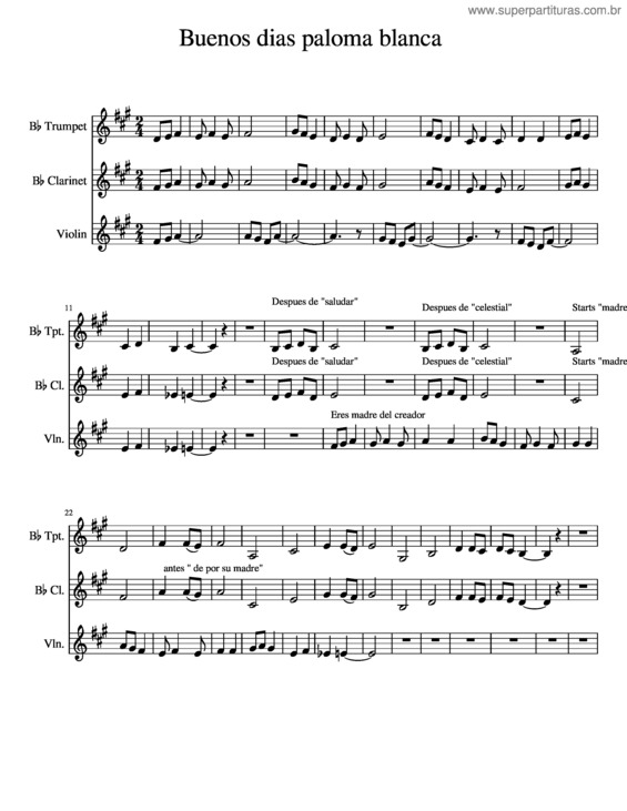 Partitura da música Buenos Días Paloma Blanca