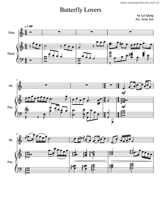 Partitura da música Butterfly Lovers For Piano/Erhu