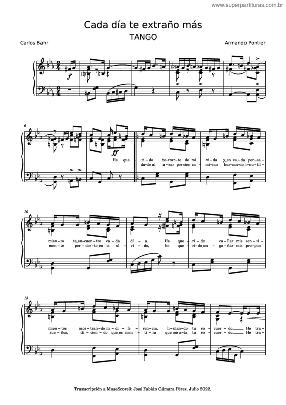 Partitura da música Cada Día Te Extraño Más v.2