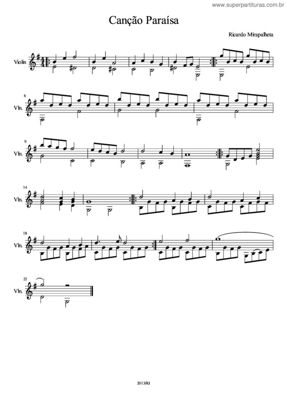 Partitura da música Canção Paraisa