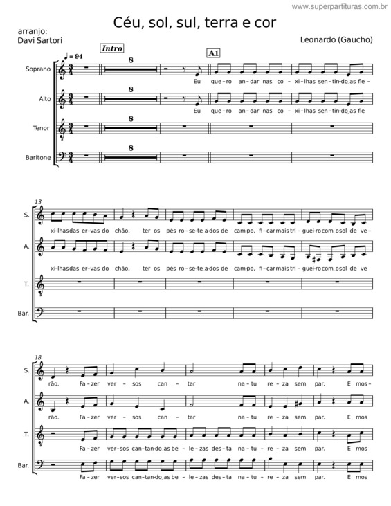 Partitura da música Céu, Sol, Sul, Terra E Cor