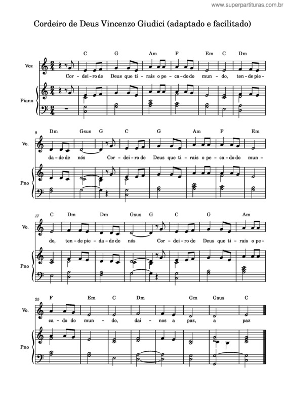 Partitura da música Cordeiro De Deus Vincenzo Giudici  Adaptado E Facilitado