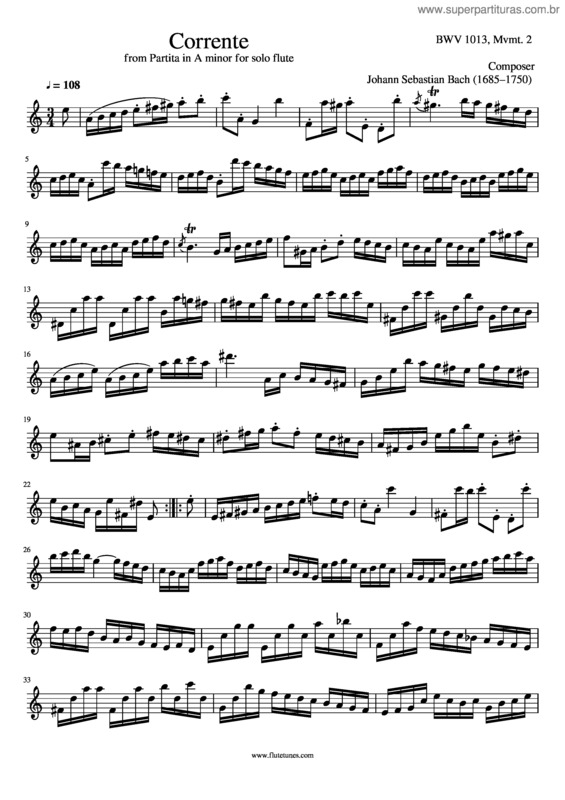 Partitura da música Corrente From Partita In A Minor For Solo Flute