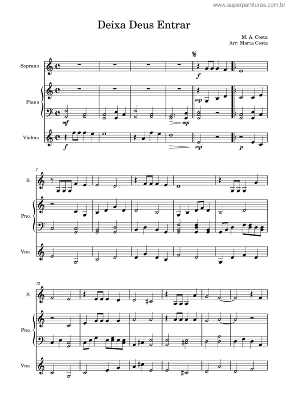 Partitura da música Deixa Deus Entrar