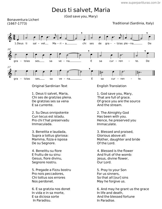 Partitura da música Deus Ti Salvet Maria