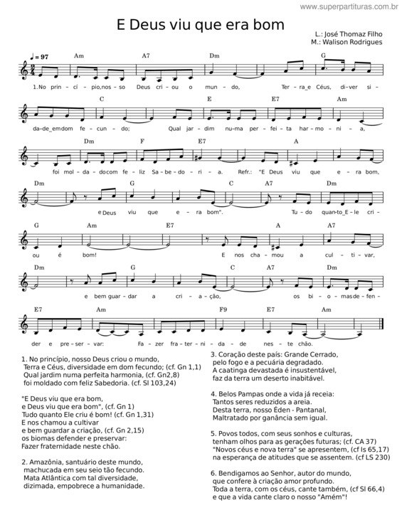 Partitura da música E Deus Viu Que Era Bom