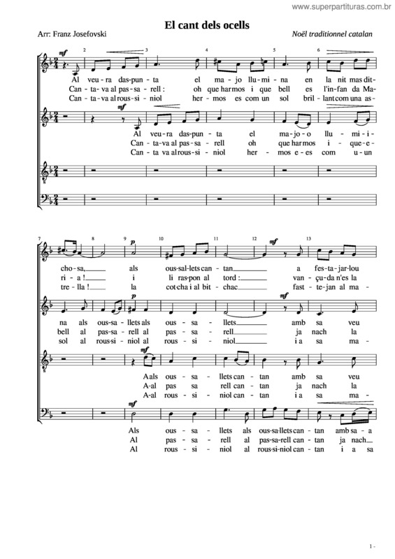 Partitura da música El Cant Dels Ocells Choeur