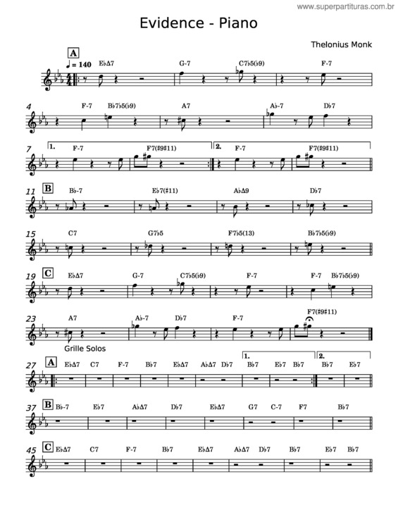 Partitura da música Evidence – Thelonious Monk