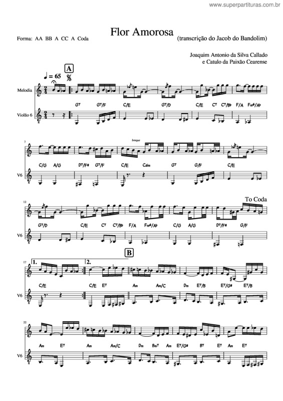 Partitura da música Flor Amorosa  – Joaquim Calado Flor Amorosa v.2