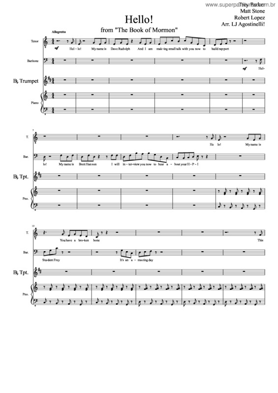 Partitura da música Hello The Book Of Mormon Trumpet Piano Cut