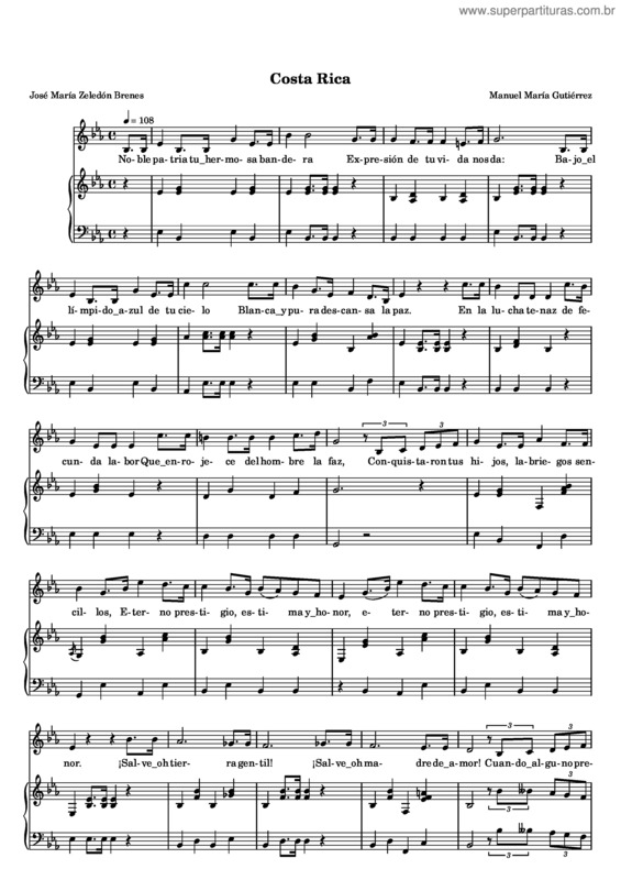 Partitura da música Hino nacional da Costa Rica