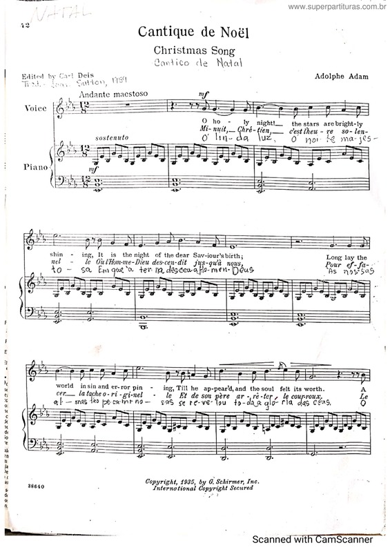O Holy Night, Partitura com Notas para Flauta Doce, Violino + Orquestra