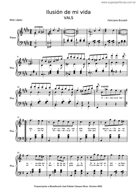 Partitura da música Ilusión De Mi Vida