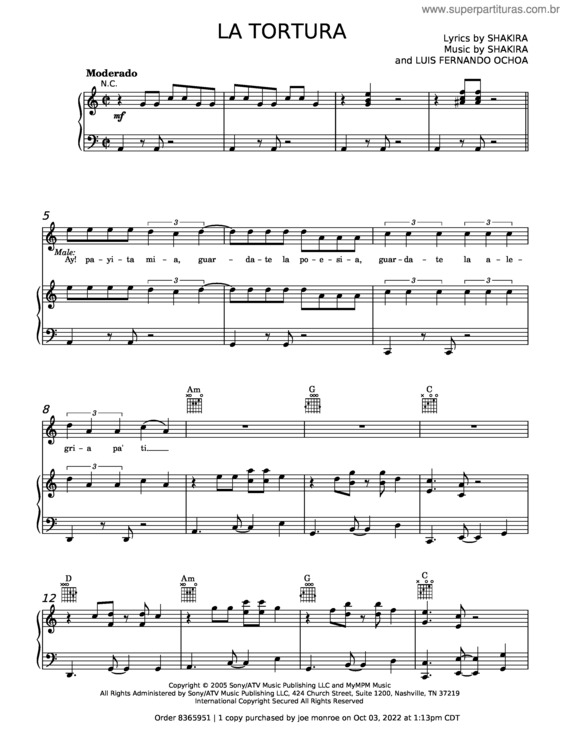 Partitura da música La Tortura