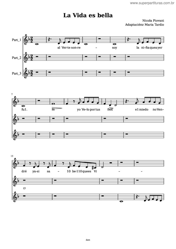 Partitura da música La Vida Es Bella. Coro