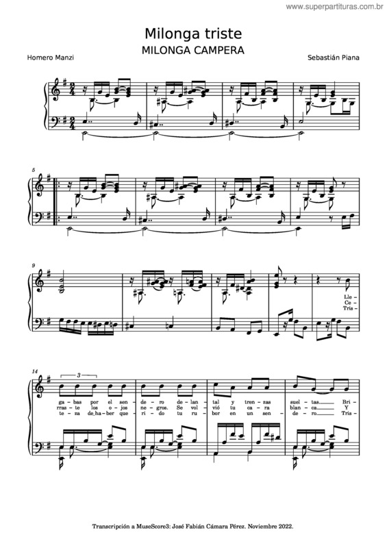 Partitura da música Milonga Triste