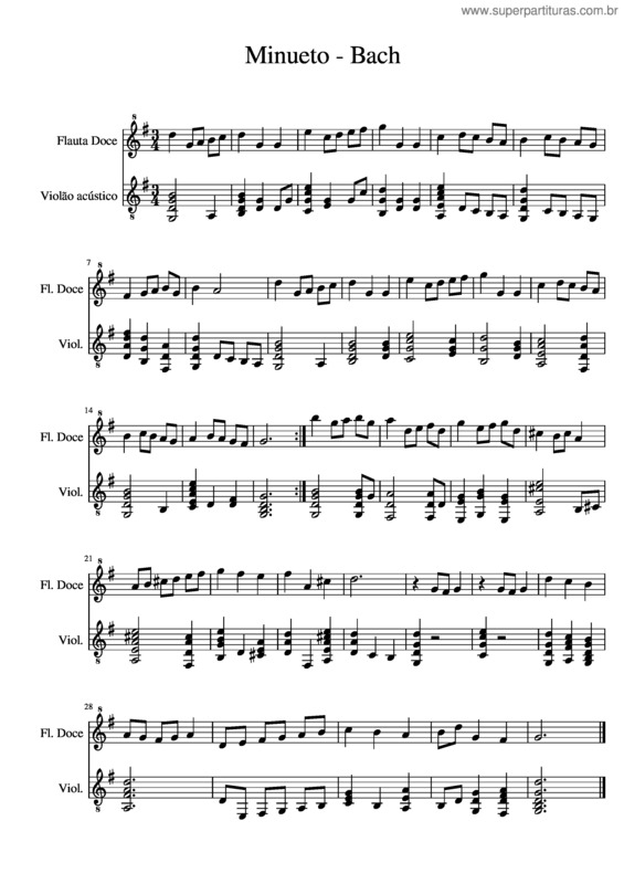 Partitura da música Minueto Bach