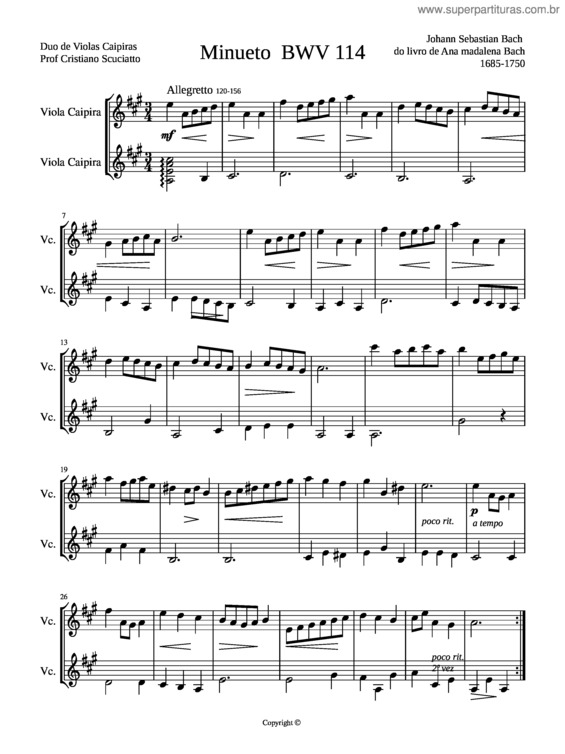 Partitura da música Minueto Bwv 114 Duo De Violas Caipiras