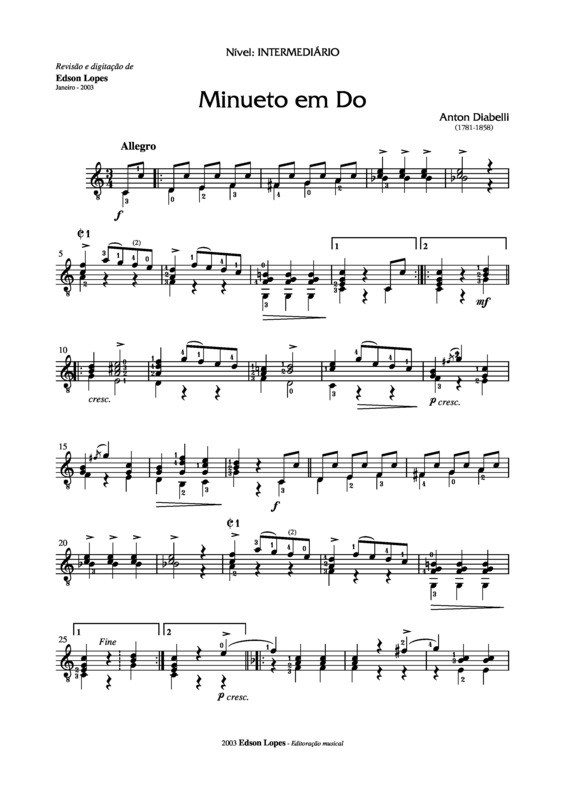 Partitura da música Minueto em Dó Maior