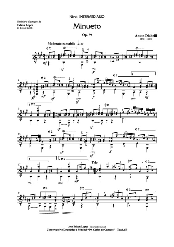 Partitura da música Minueto em Fa# menor (Op. 89)