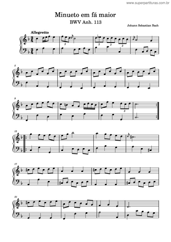 Partitura da música Minueto Em Fá Maior v.2