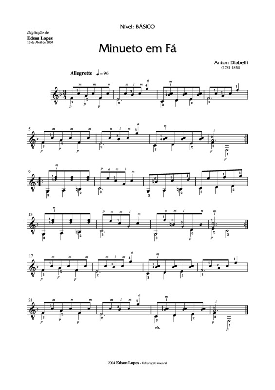 Partitura da música Minueto em Fá Maior