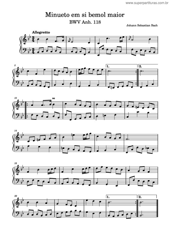 Partitura da música Minueto Em Si Bemol Maior