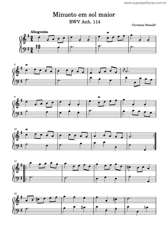 Partitura da música Minueto Em Sol Maior v.7