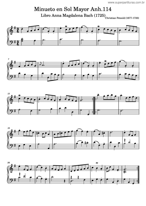 Partitura da música Minueto En G Anh.144