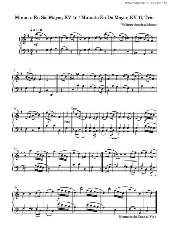 Partitura da música Minueto En Sol Mayor, Kv 1E / Minueto En Do Mayor, Kv 1F, Trio