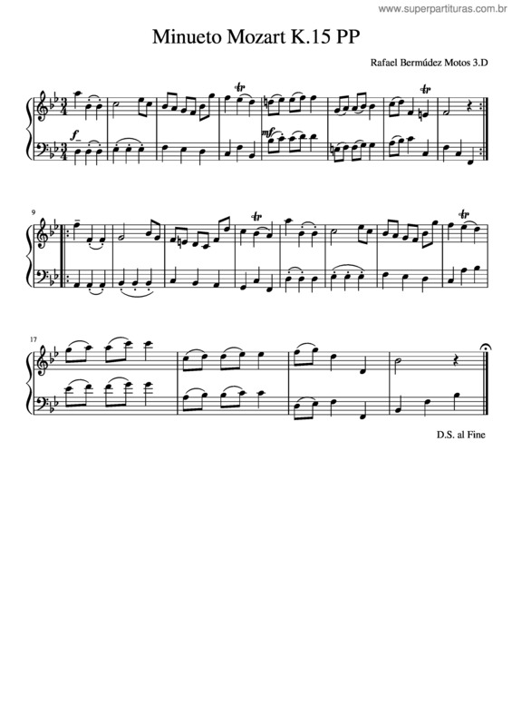 Partitura da música Minueto Mozart K.15 Pp