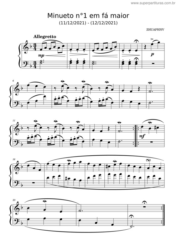 Partitura da música Minueto N°1 Em Fá Maior