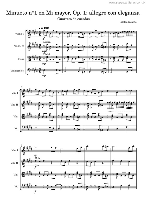 Partitura da música Minueto N°1 En Mi Mayor, Op. 1: Allegro Con Eleganza