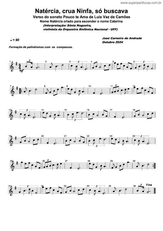 Partitura da música Natércia, Crua Ninfa, Só Buscava