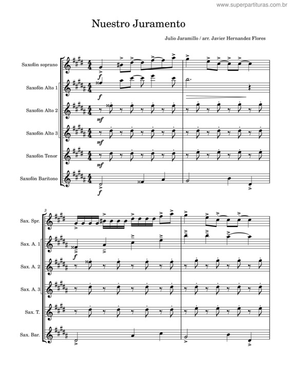 Partitura da música Nuestro Juramento Sexteto De Saxofones /Julio Jaramillo, Arr. Javier Hernandez Flores