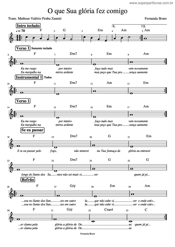 Partitura da música O Que Tua Glória Fez Comigo