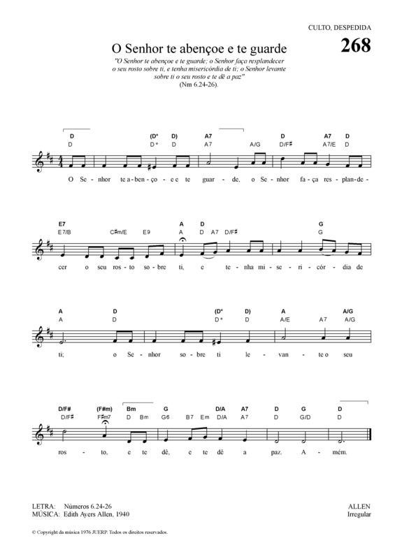 Partitura da música O Senhor Te Abençoe E Te Guarde