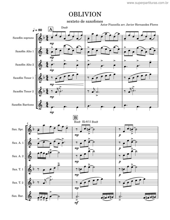 Partitura da música Oblivion Sexteto De Saxos